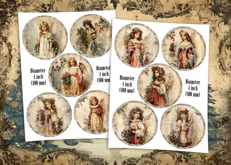 10 Victorian Christmas Angels Round Images PNG and 2 Digital Printable ...