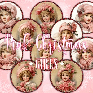 10 rosa Weihnachten niedliches Mädchen Porträt viktorianische Kunst Runde Bilder PNG, 2 digital druckbare Collage Sheets Kinder Kreis Bilder für DIY-Projekt