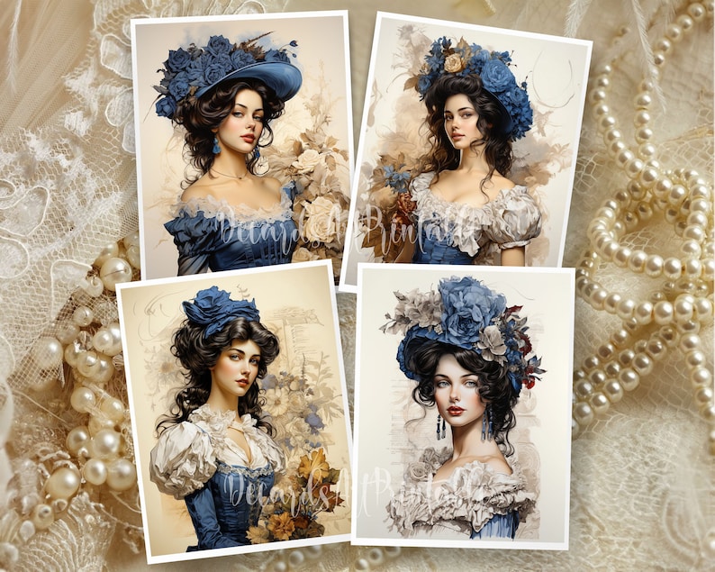 Op de afbeelding: Vier digitale kunstprints met vrouwen in vintage kleding met blauwe bloemenhoofdtooien. De vrouwen zijn afgebeeld met lang donker haar en dragen blauwe jurken met witte kantaccenten. De achtergrond van elke print is in een zachte, gedempte kleur.