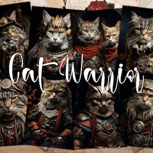 Puede incluir: Un collage de nueve imágenes con gatos vestidos como guerreros. Los gatos llevan armadura, cascos y otros accesorios de guerrero. El texto "Cat Warrior" está escrito en letras blancas cursivas en el centro del collage.