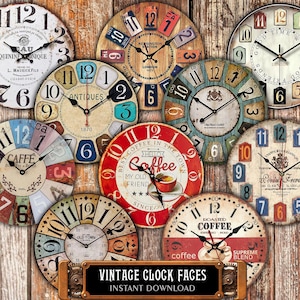 10 quadranti di orologi vintage - 4" quadranti di orologi digitali stampabili, clipart di tempo retrò. Ideale per decoupage, journaling, kit di immagini rotonde con taglio fussy