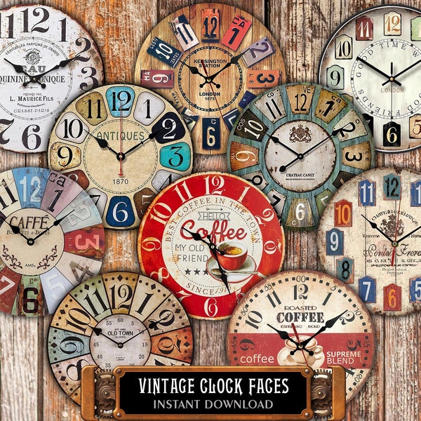 10 Vintage Clock Face - 4" Digital Printable Watch Dials, Retro Time Clipart. Ideal for Decoupage, Journaling, Fussy Cut Round Images Kit