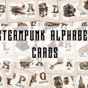Puede incluir: Un conjunto de tarjetas del alfabeto con ilustraciones de inspiración steampunk. Cada tarjeta tiene una letra del alfabeto y una palabra correspondiente, como "A" para "Avión" y "B" para "Bicicleta".