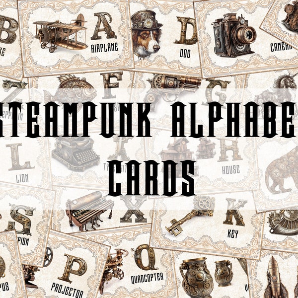 26 Steampunk Alphabet Flashcards, Printable ABC Cards with Rusty Metal Letters and Industrial Clipart, Vintage Journal Tag, Decoupage Papers