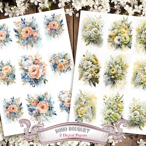 Zestaw 2 arkuszy papieru cyfrowego do druku Rose Boho Bouquet A4 - 18 obrazów botanicznych w akwareli. Idealny do decoupage'u, zestaw do wycinania