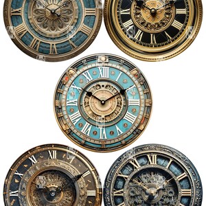 May include: Five antique-style clocks with Roman numeral faces and intricate gold details. The clocks have blue and black faces with gold hands and gears.