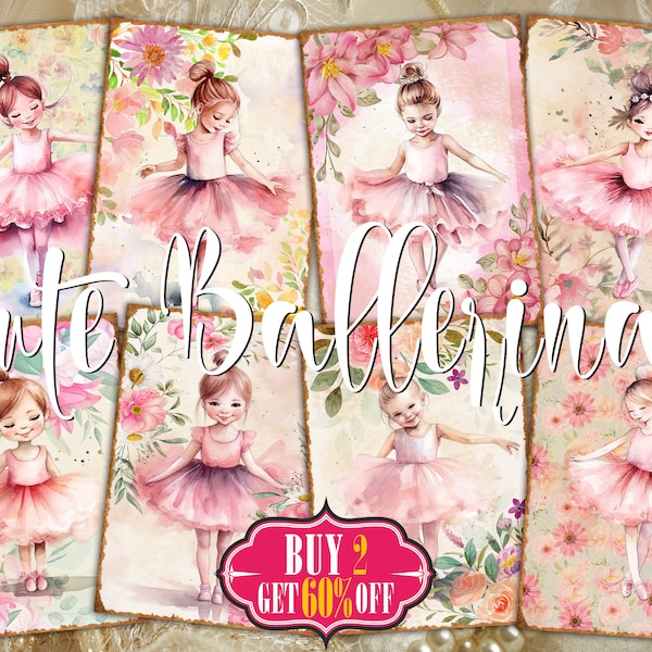 Cute Girl Ballerina Clipart Digital ATC Cards - 8 Printable 2.5"x3.5" Ballet Ephemera Aquarelles, Junk Journal Tags, Scrap Paper