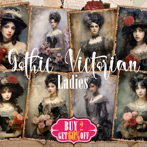 Carte ATC digitali di donne vittoriane gotiche - 8 donne stampabili in abito nero ritratti ad acquerello kit di tag diari spazzatura, pacchetto di effimeri retrò