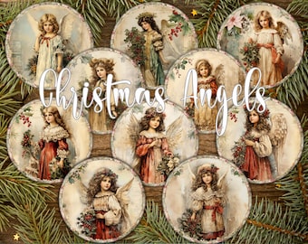 10 Victorian Christmas Angels Round Images PNG and 2 Digital Printable Stamperia Inspired Collage Sheets Circle Pictures for DIY Projects