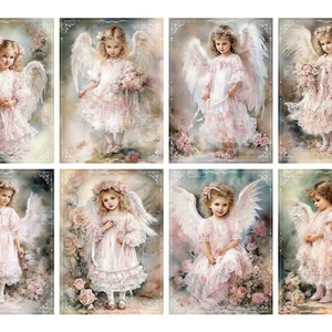May include: Eight images of young angels with white wings and pink dresses. Each angel is surrounded by pink roses and has a different pose and expression.