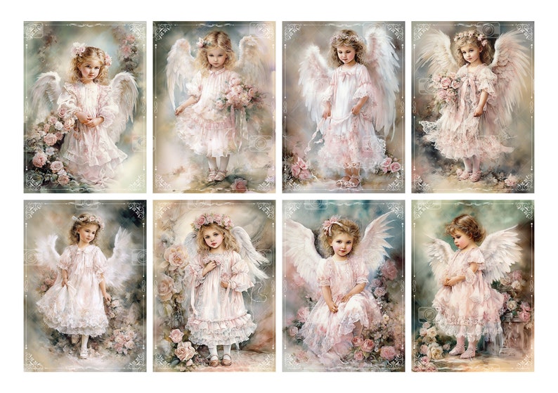 May include: Eight images of young angels with white wings and pink dresses. Each angel is surrounded by pink roses and has a different pose and expression.