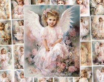 22 Small Angel Painting Digital Paper Pack - Watercolor Cute Little Girl Clipart Fairy Ephemera Kit, Children Illustration Decoupage Images