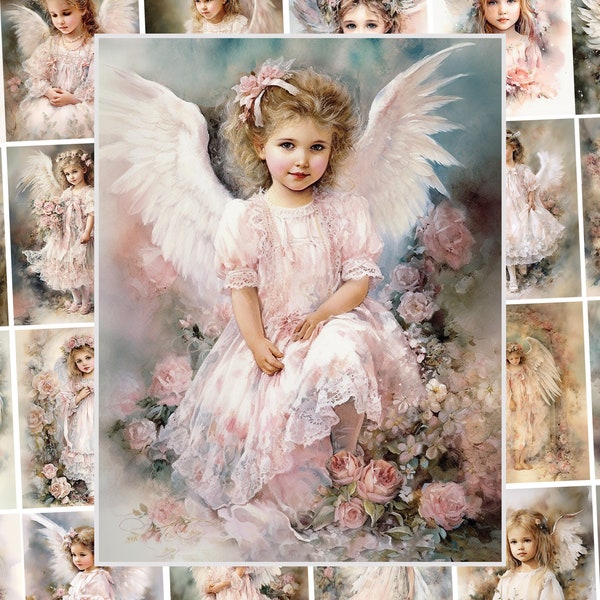 22 Small Angel Painting Digital Paper Pack - Watercolor Cute Little Girl Clipart Fairy Ephemera Kit, Children Illustration Decoupage Images