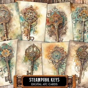 Steampunk antieke Skeleton Key digitale ATC-kaarten - 8 afdrukbare aquarel Victoriaanse oude schilderij, junk Journal Tags, grillige kunst ephemera