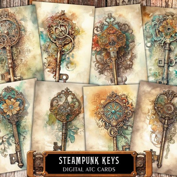 Steampunk Antique Skeleton Key Digital ATC Cards - 8 Printable Watercolor Victrorian Old Painting, Junk Journal Tags, Whimsical Art Ephemera