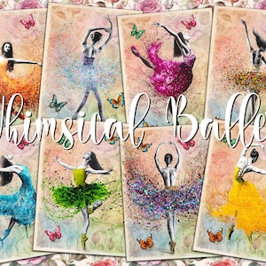 Cartes numériques ATC pour ballet lunatique - 8 étiquettes imprimables pour journal indésirable, art de la ballerine papillon ACEO, techniques mixtes, papiers éphémères dansant