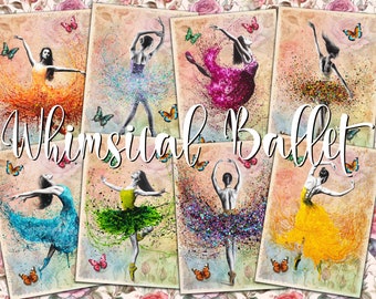 Whimsical Ballet Digital ATC Cards - 8 Printable ACEO Butterfly Ballerina Art Mixed Media Junk Journal Tags, Dancing People Ephemera Papers