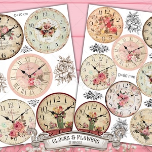2 digitale papier afdrukbare "Clocks & Flowers" A4-vellenset -13 afbeeldingen met hoge resolutie voor decoupage, scrapbooking, ambacht, vintage kunst, doe-het-zelf