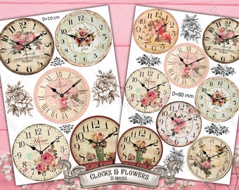 2 Digital Paper Printable &quot;Clocks & Flowers&quot; A4 Sheet Set -13 high resolution images for decoupaging, scrapbooking, craft, vintage art , DIY