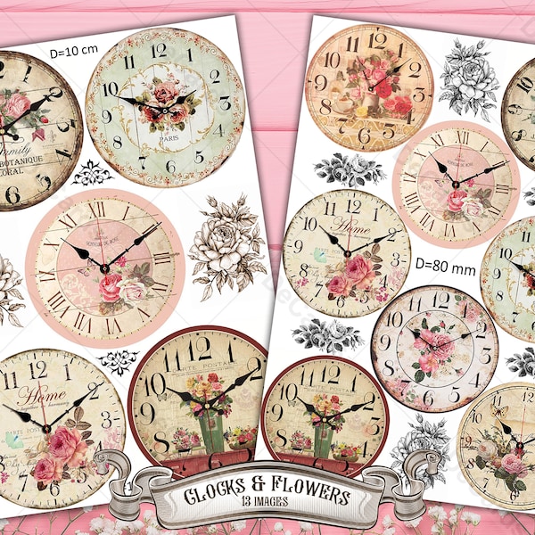 2 Digital Paper Printable "Clocks & Flowers" A4 Sheet Set -13 high resolution images for decoupaging, scrapbooking, craft, vintage art , DIY