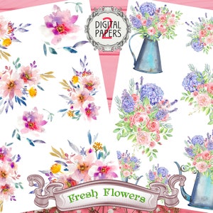2 Digital Paper Printable Fresh Flowers A4 Sheet Set - 16 floral PNG, JPG images for decoupage, scrapbooking, craft, Fussy Cut, DIY projects