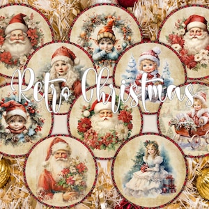 10 immagini rotonde di arte vittoriana di Natale retrò PNG e 2 fogli di collage in stile carta per decoupage Stamperia stampabili digitali per ciondolo albero