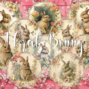 10 Blumenhase Frühling Ostern Kaninchen Runde Bilder PNG & 2 Digital Printable Retro Stamperia Decoupage Papiere, Botanische Kunst Vintage Ephemera