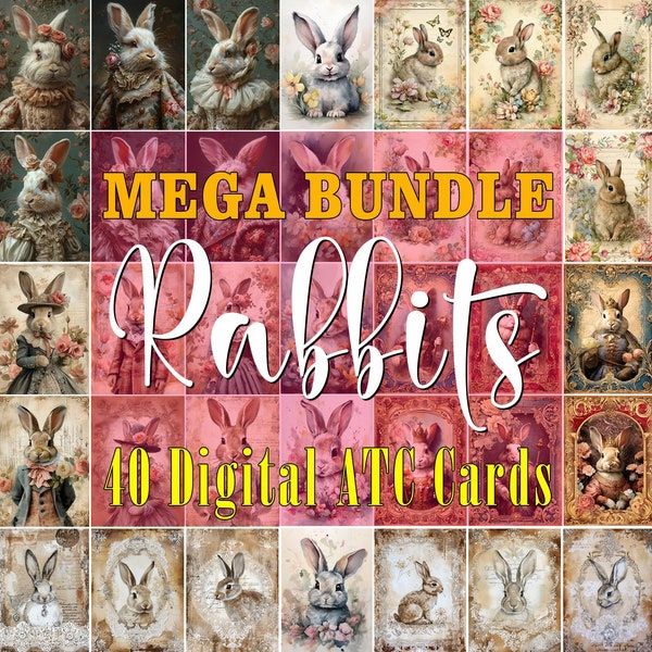40 Bunny Rabbit Mega Bundle Digital ATC Cards - Printable Floral Vintage French Royal Cute Rabbit Paintings, Junk Journal Kit Decoupage Tags