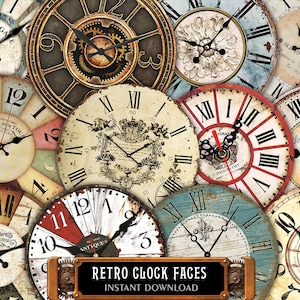 32 Retro Clock Face Dials Kit of 3 Digital Printable A4 Sheets - Ø2", Ø3.15" Round Vintage Images for Crafting, Scrap, Decoupage, Fussy Cut