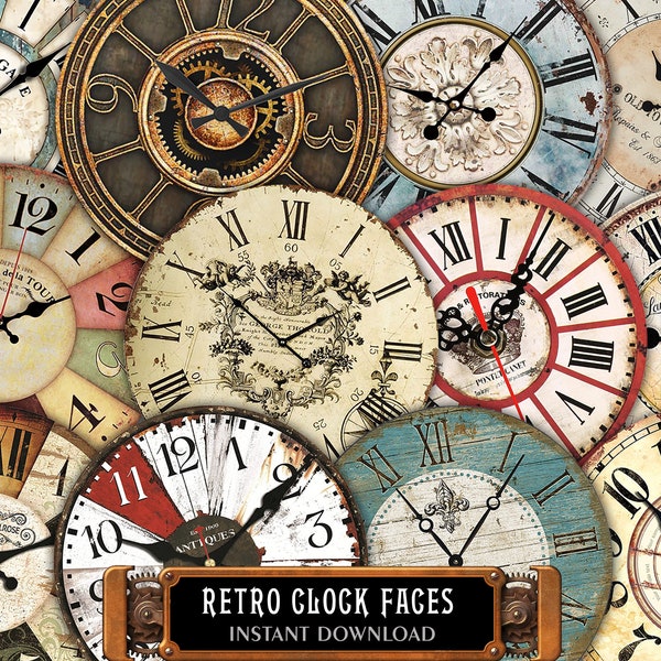 32 Retro Clock Face Dials Kit of 3 Digital Printable A4 Sheets - Ø2", Ø3.15" Round Vintage Images for Crafting, Scrap, Decoupage, Fussy Cut