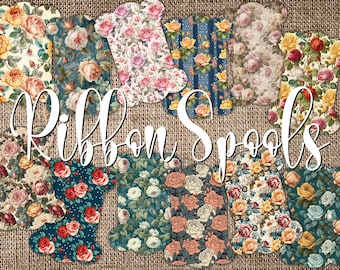 12 Thread Holder Digital Cards, Printable Sewing Journal Floral Ephemera Kit, Ribbon Spool Template, Floss Bobbin Organizer, Lace Winder Set