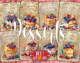 Watercolor Desserts Cake Clipart Digital ATC Cards - 8 Printable ACEO Sweets Mixed Media Junk Journal Tags, Food Art Illustration Ephemera