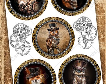 Digital Printable Paper  "Steampunk Animals" 5 images ø100mm JPG high resolution for decoupaging, scrapbooking, card making, DIY project