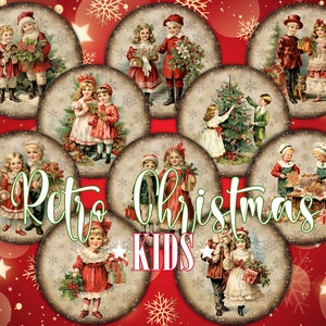 10 imágenes redondas de arte victoriano vintage retro navideño para niños PNG y 3 hojas de collage digitales imprimibles con imágenes de niños para proyectos de bricolaje