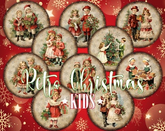 10 Retro Christmas Kids Vintage Victorian Art Round Images PNG and 3 Digital Printable Collage Sheets with Children Pictures for DIY Project