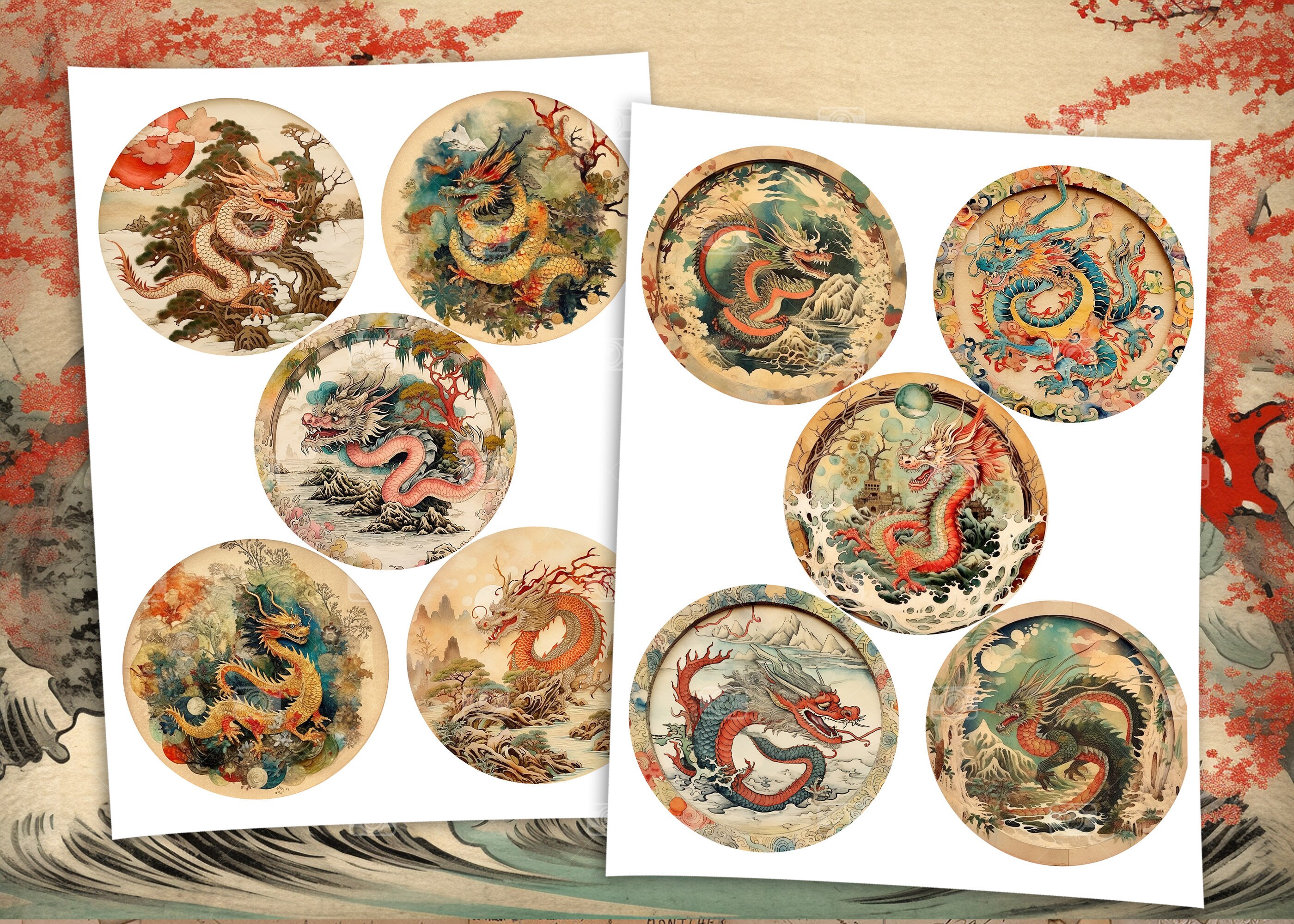 20 Asian Whimsical Dragon 4 Inch Circle Images Kit, Digital Chinese Art ...