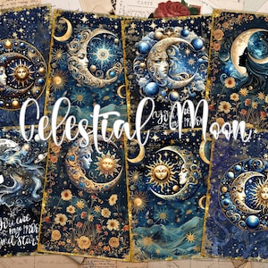 Cartões ATC digitais da Lua Celestial - 8 estrelas místicas imprimíveis Etiquetas de diário de lixo de mídia mista, coisas efêmeras de arte espacial estrelada do sol e da lua