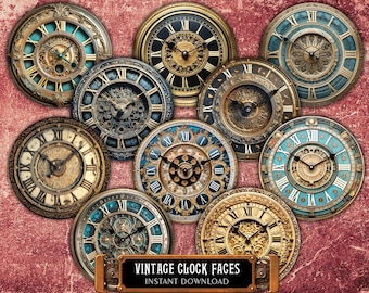 Può includere: Nove quadranti di orologio vintage con dettagli dorati e blu decorativi. I quadranti dell'orologio sono disposti in cerchio su uno sfondo rosso. Il testo "Vintage Clock Faces" e "Instant Download" è nella parte inferiore dell'immagine.