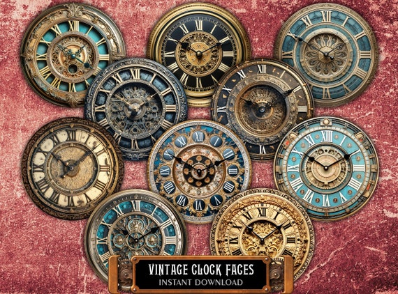 Vintage Clock Face PNG Images Kit and 2 Printable A4 Sheets - 10 Round Pictures of Watch Dials 4" for Craft, Scrap, Decoupage, Clock Making