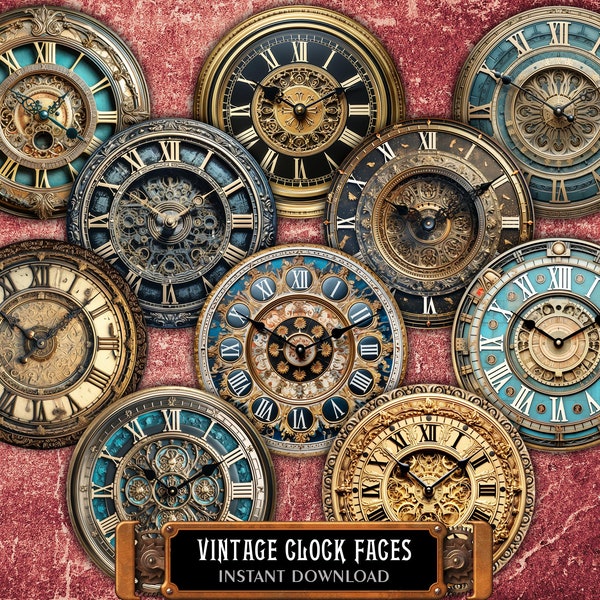 Vintage Clock Face PNG Images Kit and 2 Printable A4 Sheets - 10 Round Pictures of Watch Dials 4" for Craft, Scrap, Decoupage, Clock Making