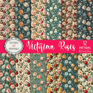 12 rosas vitorianas padrão floral para impressão digital redoute fundo de arte do jardim botânico, papéis de decoupage, capa de planejador, pronto para imprimir