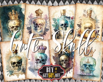 Cute Skull Perfume Bottle Digital ATC Cards - 8 Printable ACEO Shabby Chic Vintage Watercolor Painting Junk Jornal Tags, Scrap, Ephemera Kit