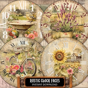 4 rustikale Vintage Uhr Gesichter - Ø 21,3 cm Druckbare Provence Flower Art römische Ziffern Uhren-Zifferblätter für Decoupage, Home Decor Uhr machen Kit