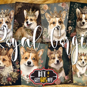 Corgi aquarel digitale ATC-kaart - 8 afdrukbare kroon Royal huisdier portret, vintage bloemen schattige hond Jung Journal Tags, plakboek ephemera kit