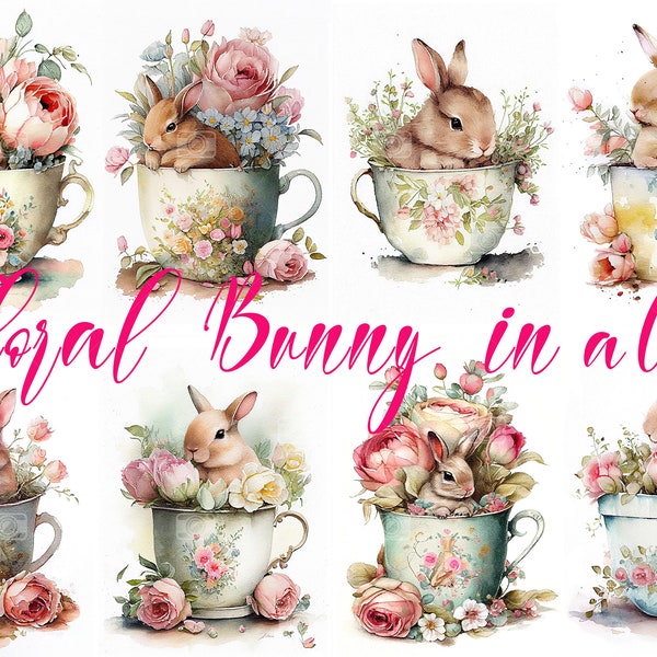 32 Shabby Chick Watercolor Floral Bunny in Cup with Spring Flowers, Cute Rabbit Easter Clipart Collage Sheets, Decoupage Prints, Fussy Cuts