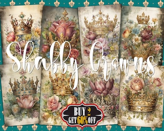 Tarjetas ATC digitales con diseño de corona de acuarela: 8 etiquetas imprimibles de diario con motivos florales victorianos y bohemios, kit de efímeras vintage y papeles de decoupage desgastados.