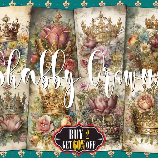 Cartes numériques ATC couronne aquarelle - 8 étiquettes pour carnets imprimables florales victoriennes royales bohèmes, kit éphémères vintage, papiers de découpage minables