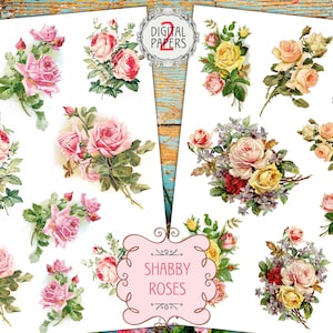 Vintage Shabby Rosen Druckvorlage - 18 viktorianische Blumen Ephemera antike Postkarten Bilder für Decoupage, wählerischen Schnitt, Scraps, Junk Journal