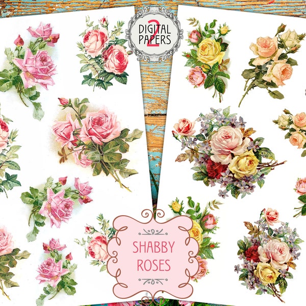 Vintage Shabby Roses Printable Sheets - 18 Victorian Floral Ephemera Antique Postcards Images for Decoupage, Fussy Cut, Scraps, Junk Journal