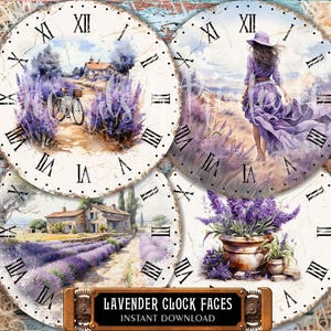 12 quadranti di orologio rustici - Ø8", Ø6", Ø4" stampabili in stile provenzale con numeri romani, decori di lavanda per decoupage, kit per la creazione di orologi per la casa